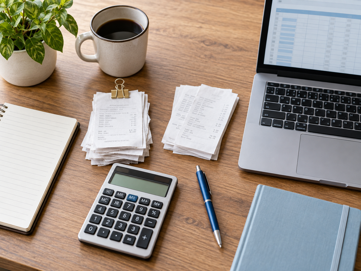 Calculator, receipts and a laptop spreadsheet