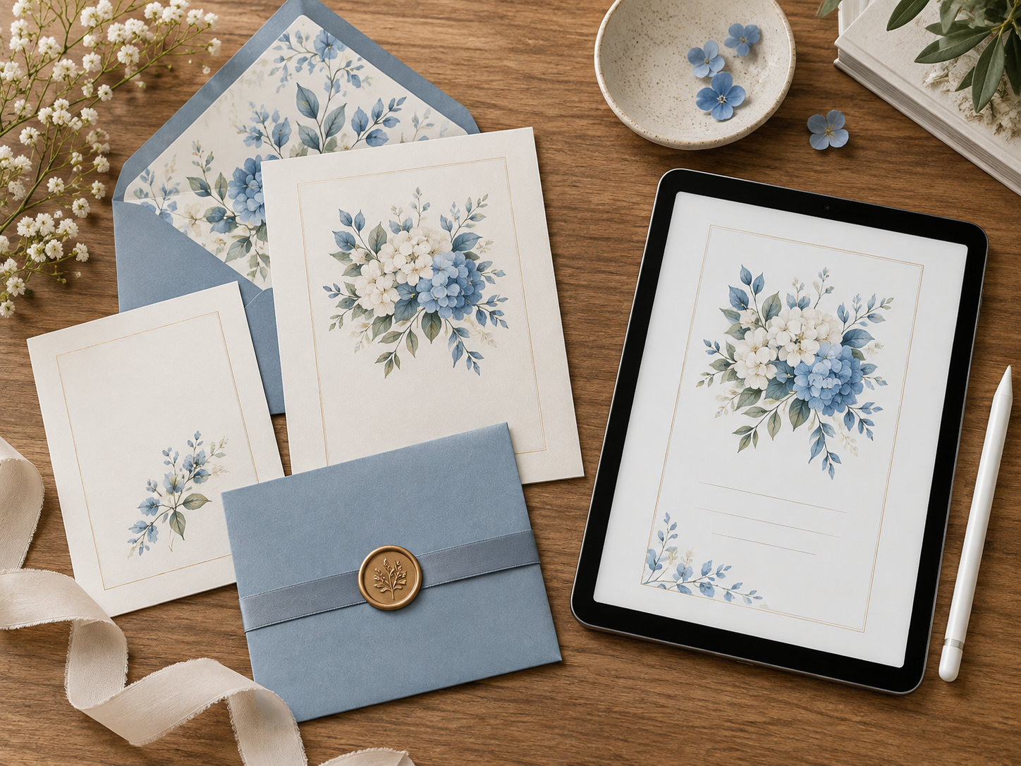 Blue invitation cards and tablet design