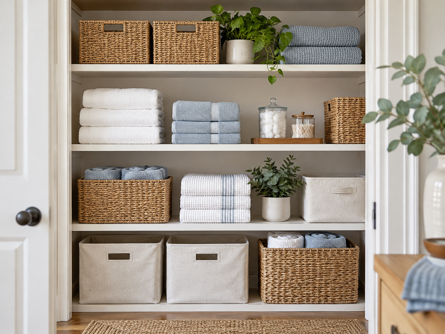 Neatly organized closet with baskets and folded towels