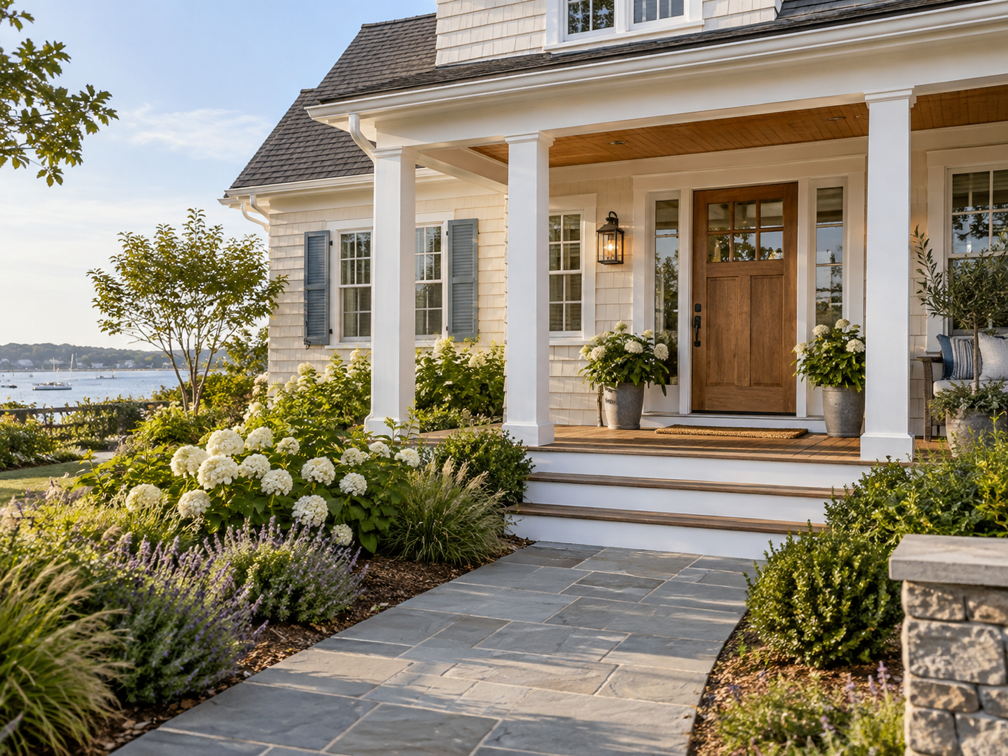 Welcoming coastal home with a porch and landscaped garden