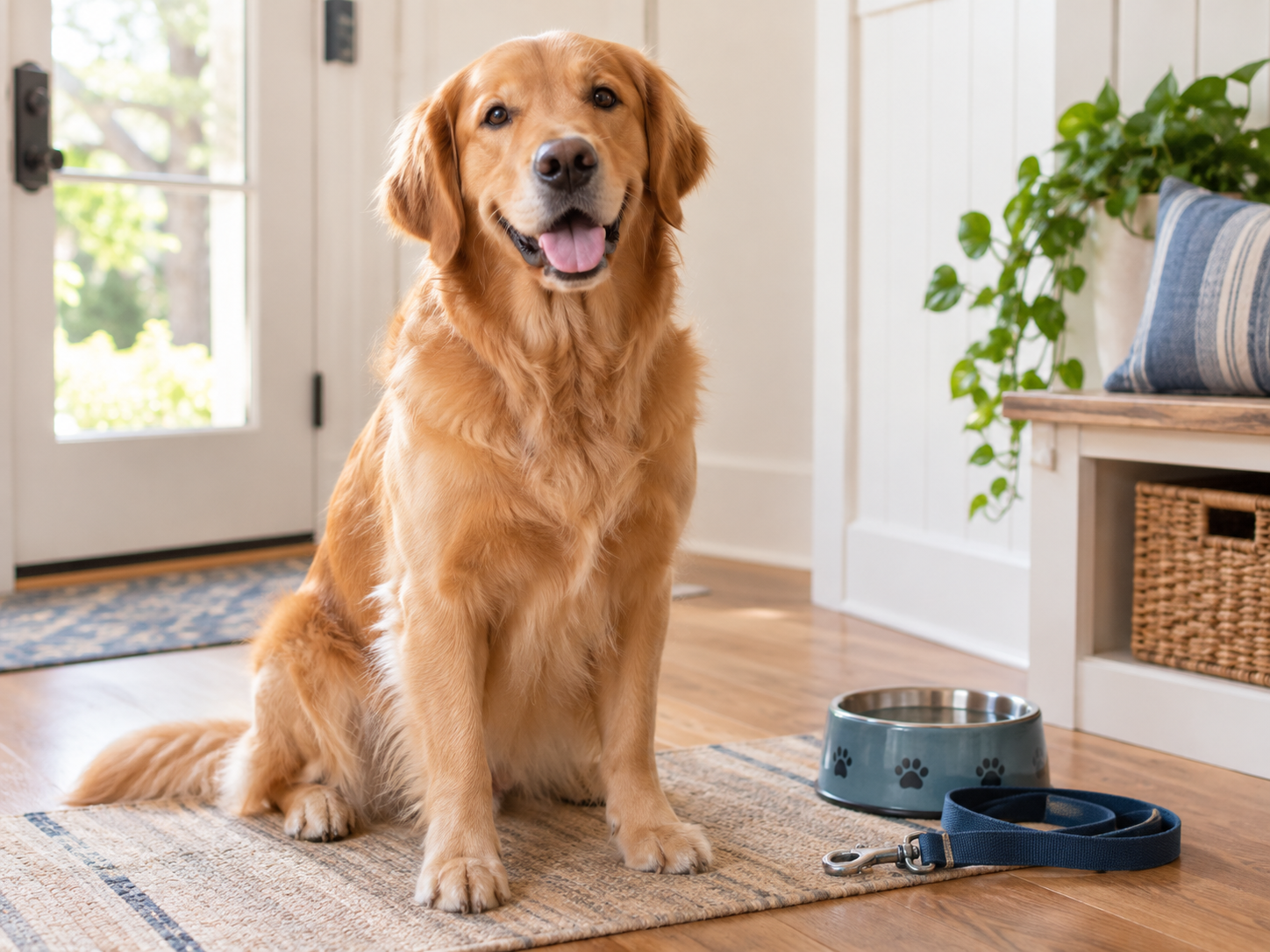 Golden retriever with a leash and water bowl
