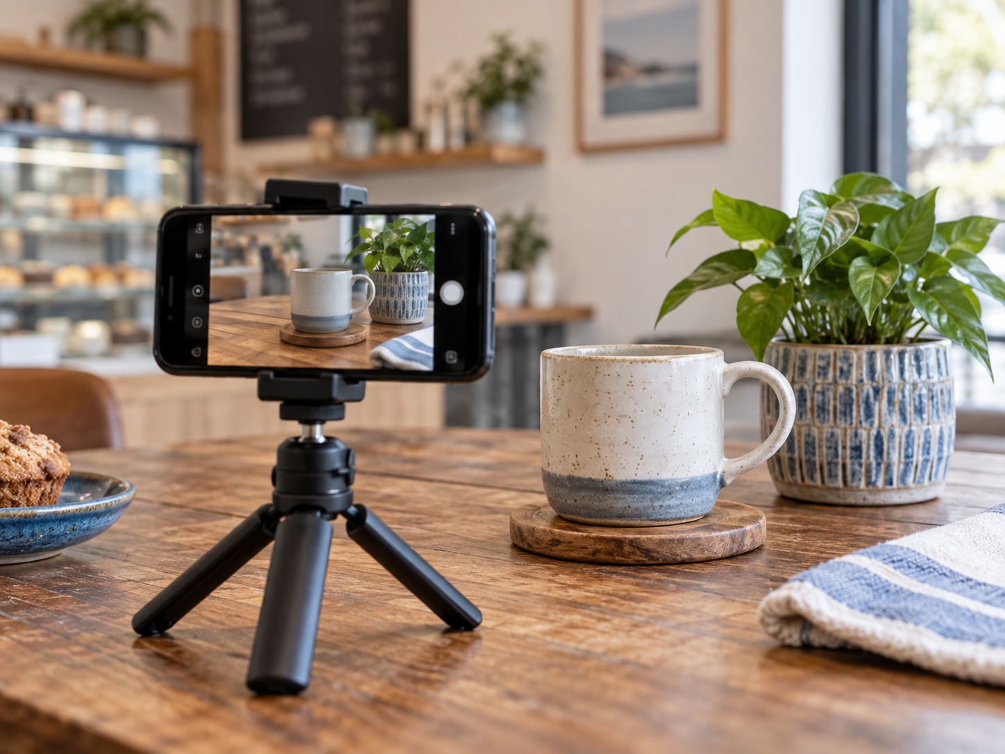 Phone on a tripod filming a product for social media