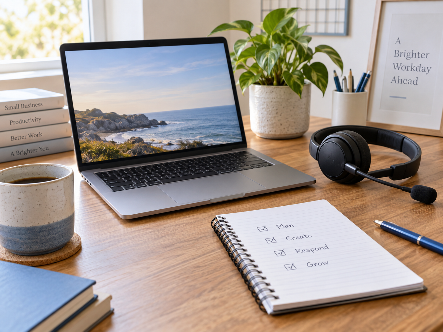 Laptop, headset and notebook ready for virtual assistant work