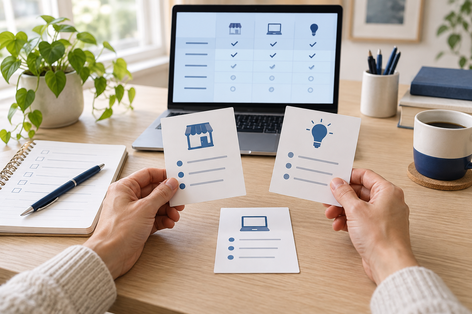 Comparing business ideas with planning cards and a laptop