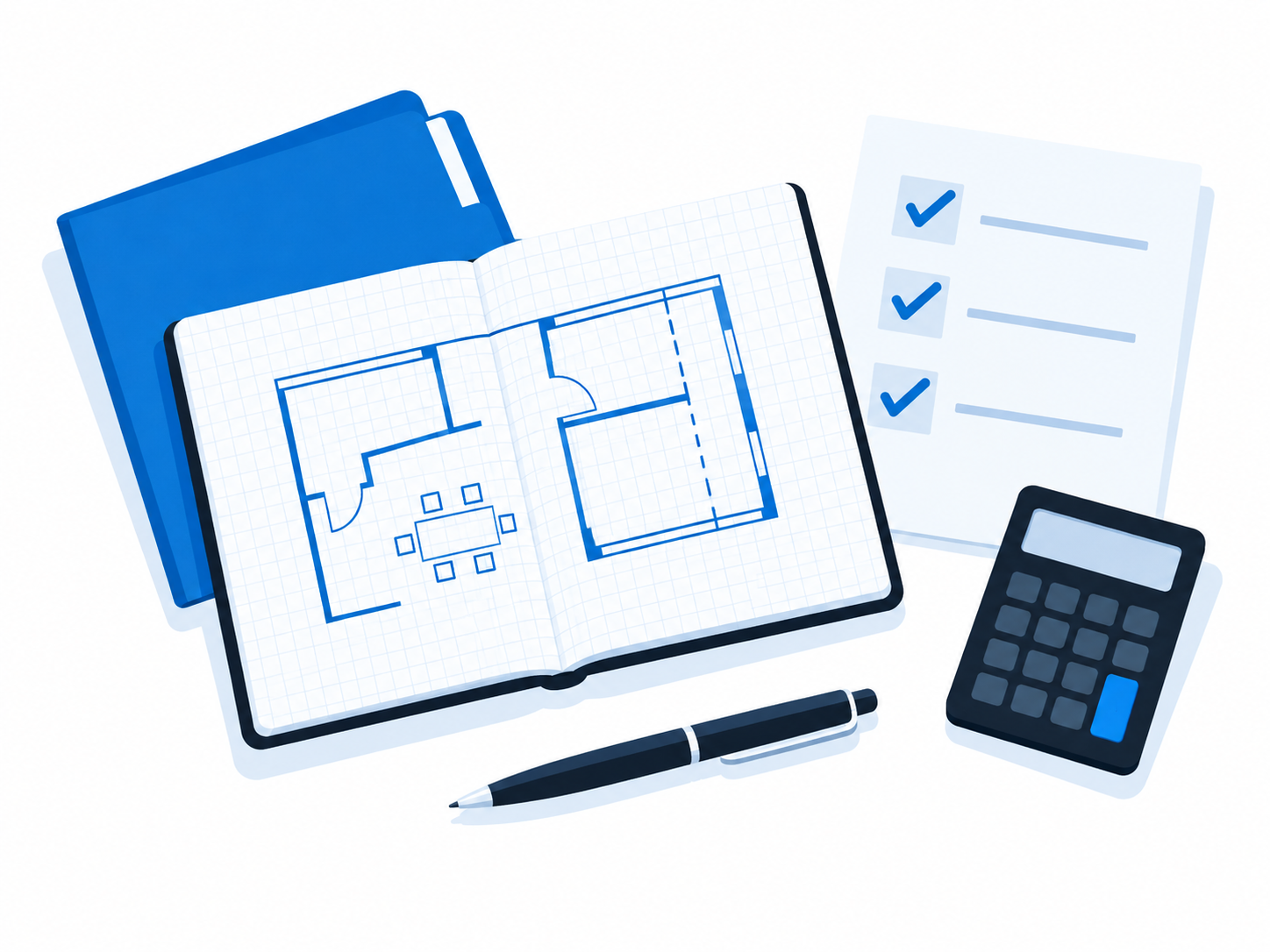 Blue business planning illustration with a graph-paper notebook, checklist, calculator and pen